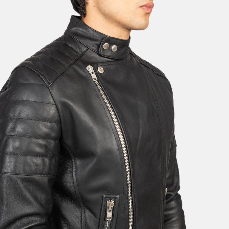 Mens Faisor Black Leather Biker Jacket Close-Up-9-1634137727251